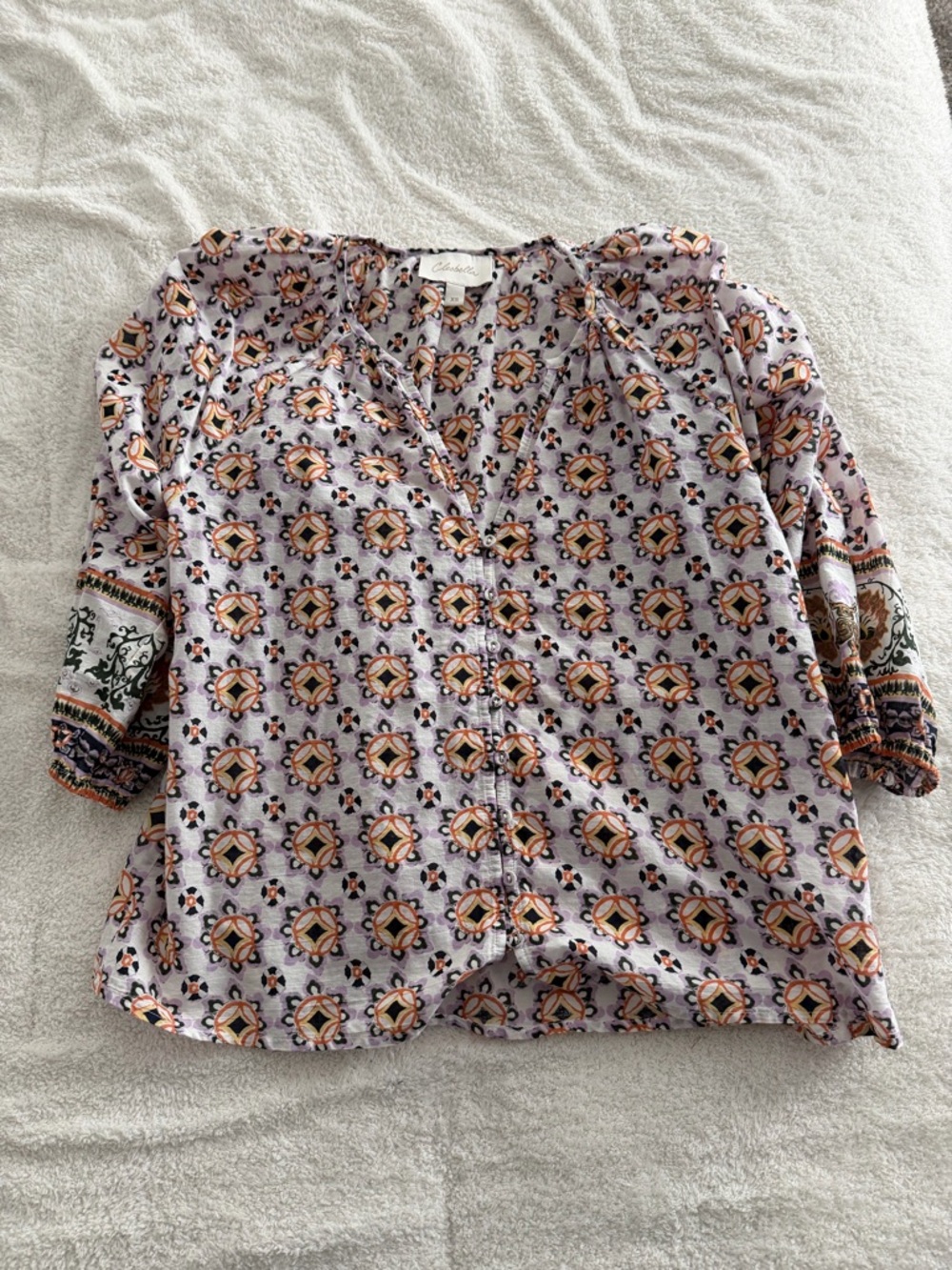 Cleobella Lavender Patterned Boho Blouse with Pink and Peach Accents